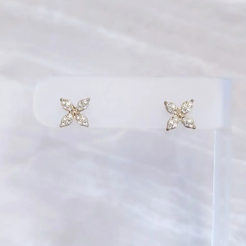 Gold Tone Flower with Clear Gems Dainty Small Stud Earrings